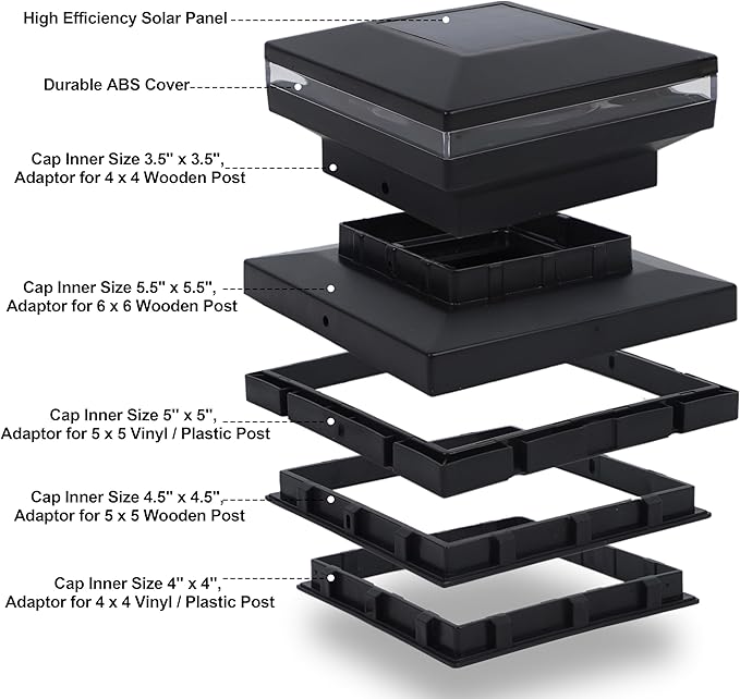 Dynaming 8 Pack Solar Post Cap Lights, Outdoor Decorative Post Solar Lights Black Shell Caps Fit 4x4 5x5 6x6 Vinyl/Wooden Posts, Brightness Warm White LED Lighting for Garden Fence Deck Patio
