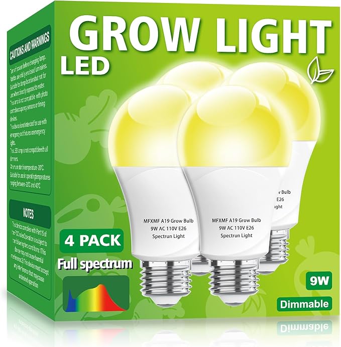 4 Pack LED Grow Light Bulbs A19 Bulb, Full Spectrum Plant Light Bulb, 9W E26 Grow Bulb Replace up to 80W, Grow Light for Indoor Plants, Flowers, Greenhouse, Indore Garden, Hydroponic