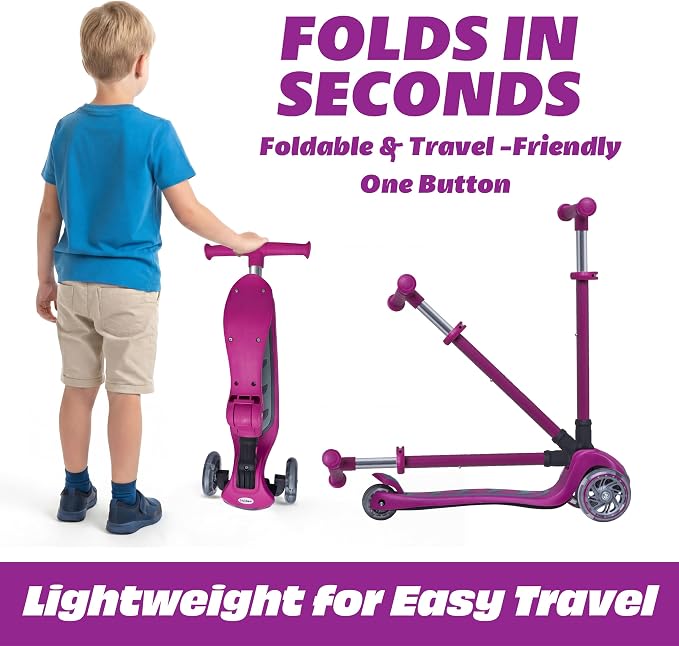 SKIDEE Kick Scooter for Kids Ages 3-5 | Foldable 3 Wheel Scooter with Lean-to-Steer, Adjustable Height, Removable Seat & LED Light Wheels | Toddler Scooter Up to 12 Year Old Boys/Girls