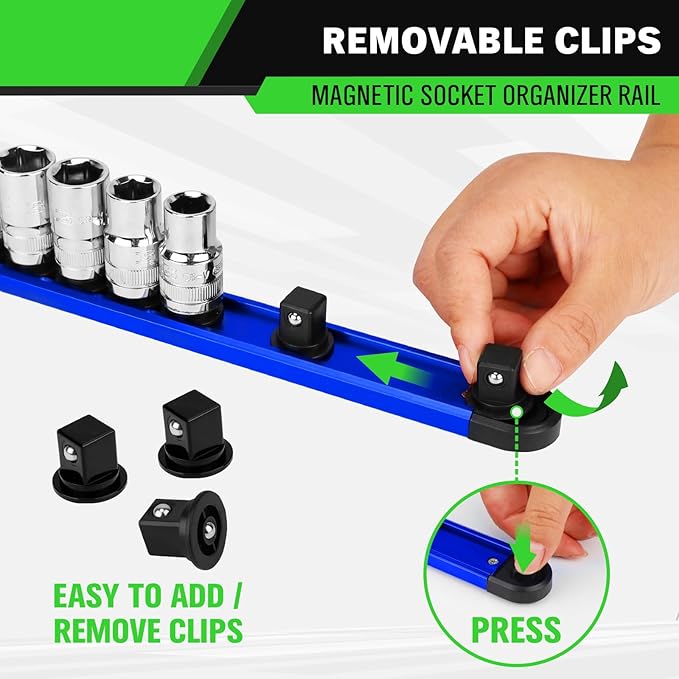 1/2-Inch Magnetic Socket Organizer Rail, Aluminum Alloy Socket Rail, Heavy Duty Sockets Holder with 12 Clips, 360° Swivel Clip Tool Tray, Sockets Organizer for Tool Box Drawer (Blue)