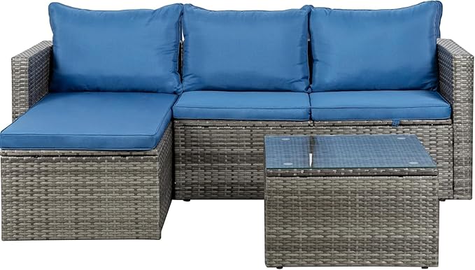 Shintenchi 4 Pieces Patio Furniture Sets, Outdoor Sofa Patio Sectional Sets All Weather, Wicker Rattan Seating Sofa Couch withwith Cushions & Coffee Table for Yard, Garden, Porch, Poolside (Blue)
