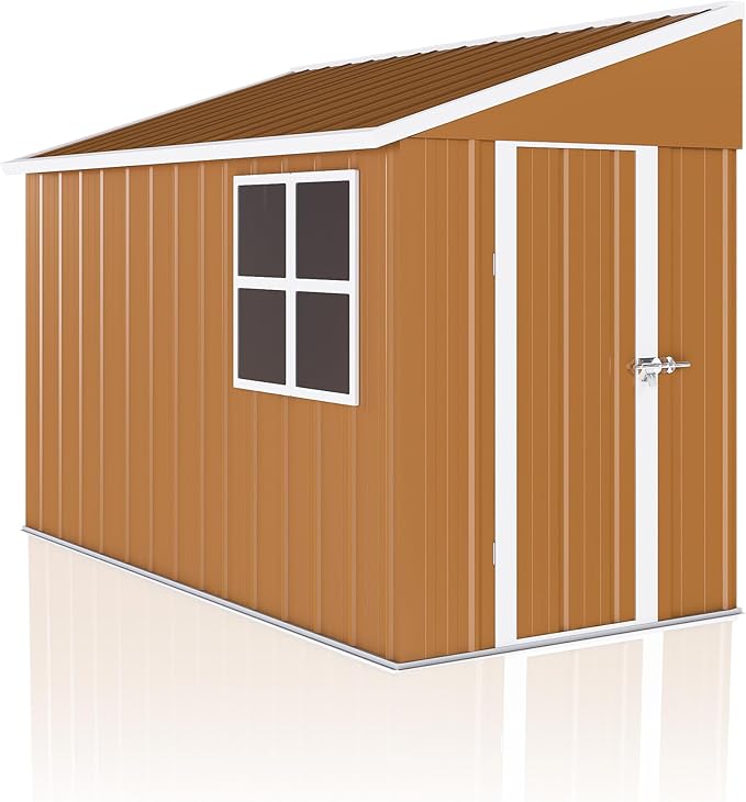 YOPTO 8x4 FT Outdoor Storage Shed,Metal Garden Lean to Shed W/Double Lockable Doors,Windows & 4 Air Vents,Weatherproof Shelter W/Sloped Roof,for Backyard,Lawn,Tool Organization,Brown
