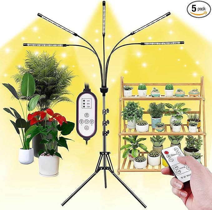 yentbokj 5-Head Adjustable LED Lights, Full Spectrum Grow Lamp with Timer, Warm White Light for Indoor Plants