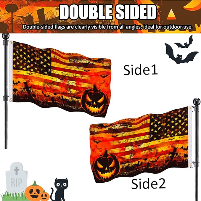 Double Sided Halloween Flag 5x3 FT with 2 Brass Grommets and 19.69ft Ribbon, Orange & Black Stripes Tapestry, Durable Outdoor Halloween Flags for Yard, Porch, or House Decorations