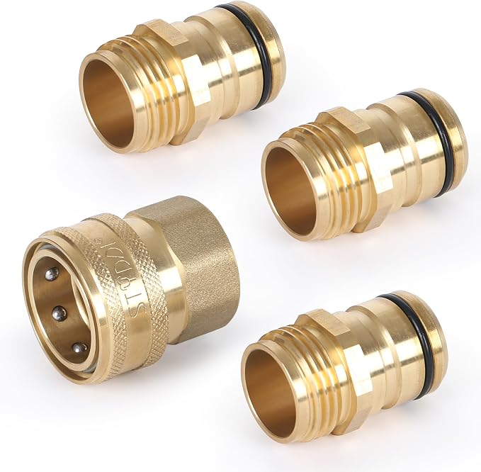 STYDDI 3/4-inch Full Flow Super Heavy Duty Hose Quick Connect Fittings, Lead-free Brass Full Port Garden Hose Quick Connector Coupler, 3/4” GHT High-Volume Hose Quick Release Adapter,3 Male + 1 Female