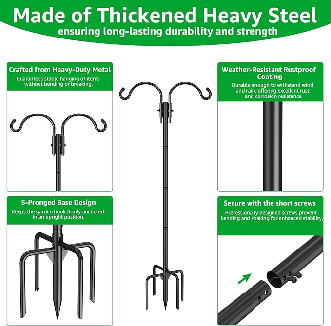 GOFORWILD Double Shepherds Hook for Outdoor, with 5-Prong Base, 84inch Adjustable Metal Bird Feeder Pole for Hanging Bird Nest, Plant Basket,Lantern,Solar Light 2 Pack