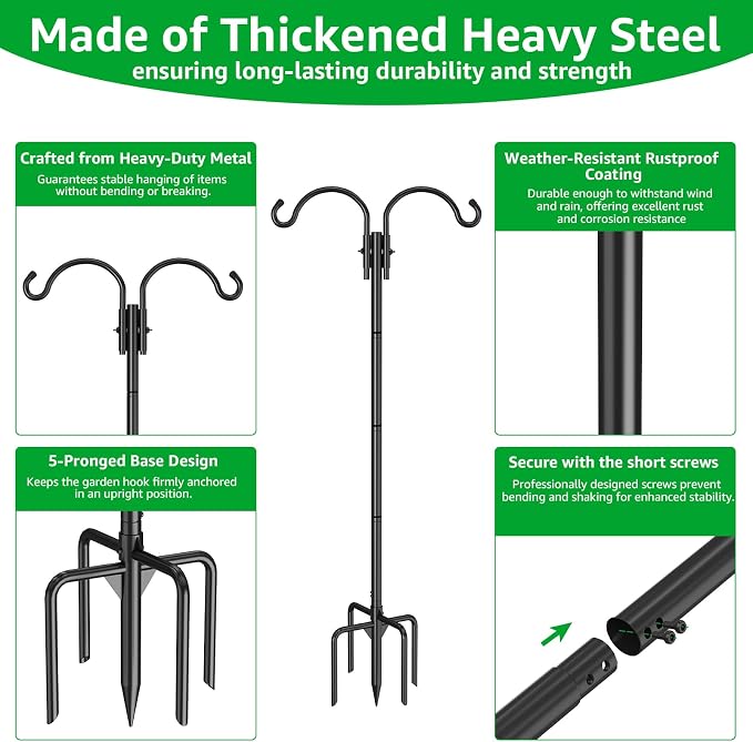 GOFORWILD Double Shepherds Hook for Outdoor, with 5-Prong Base, 76inch Adjustable Metal Bird Feeder Pole for Hanging Bird Nest, Plant Basket,Lantern,Solar Light 1 Pack