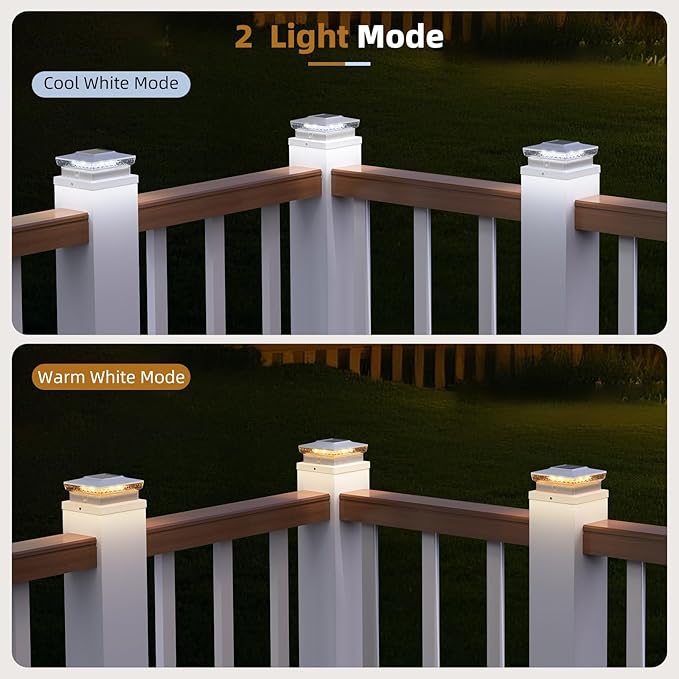 Solar Post Cap Light 4x4/5x5 – 6 Pack, Dual Color, 800mAh, 12H Runtime, Auto Dusk-to-Dawn On/Off, White