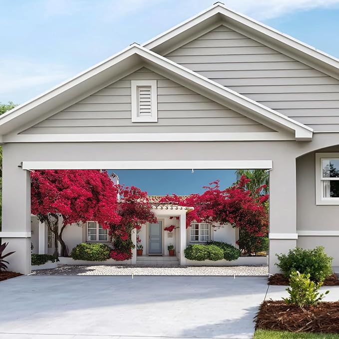 7 * 16FT Summer Garage Door Cover Decorations Sunset Palm Trees Garage Door Banner for Outdoor Indoor Summer Party Photography Backdrop (red, 6 * 13 ft)