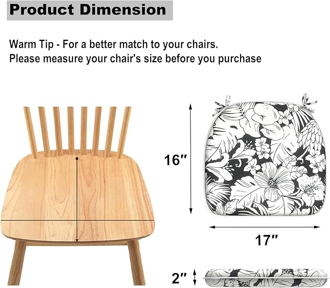 DYTXIII Set of 4 Outdoor Chair Cushions with Ties,Water Repellent Patio Chair Pads 17"x 16" for Outdoor Furniture,Round Corner Seat Cushions for Garden Yard Kitchen Tropical Blossom Noir