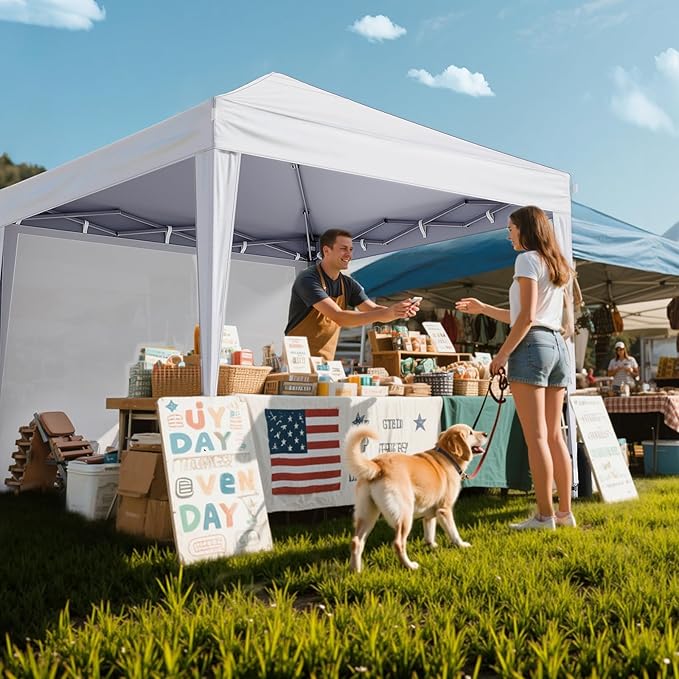 Driftalia 10x10 Pop Up Canopy with Sidewalls, Outdoor Instant Canopy Tent with Carry Bag for Commercial Events, Camping, Backyard Parties - White