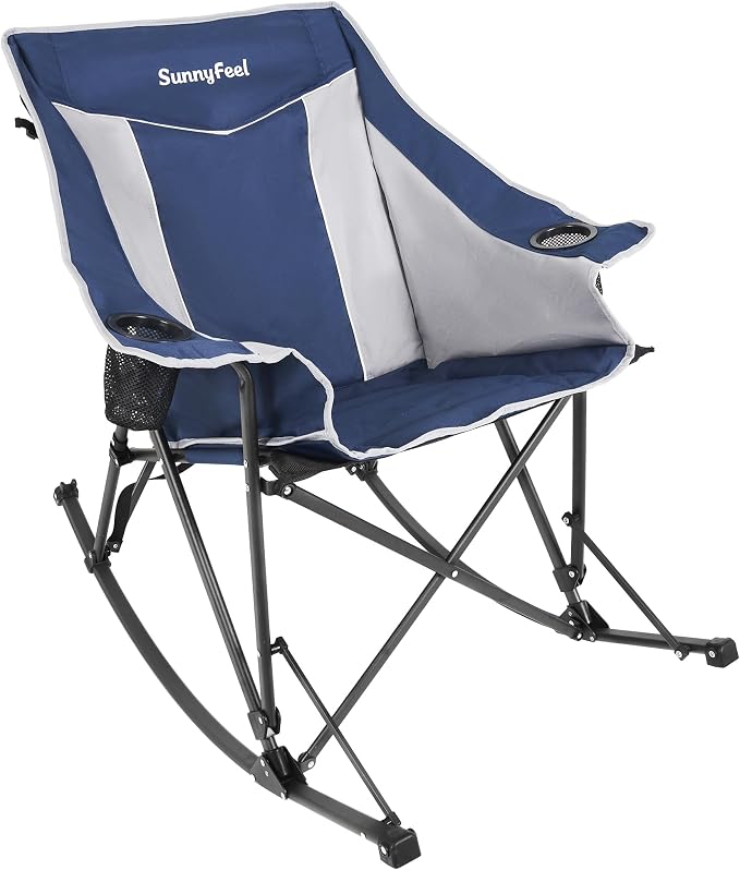 SUNNYFEEL Oversized Folding Rocking Camping Chair Fully Padded Patio Chair Blue Portable Outdoor Rocker High Back Portable Lawn Recliner with Side Pocket Camp Rocker Chairs Heavy Duty 500 LBS