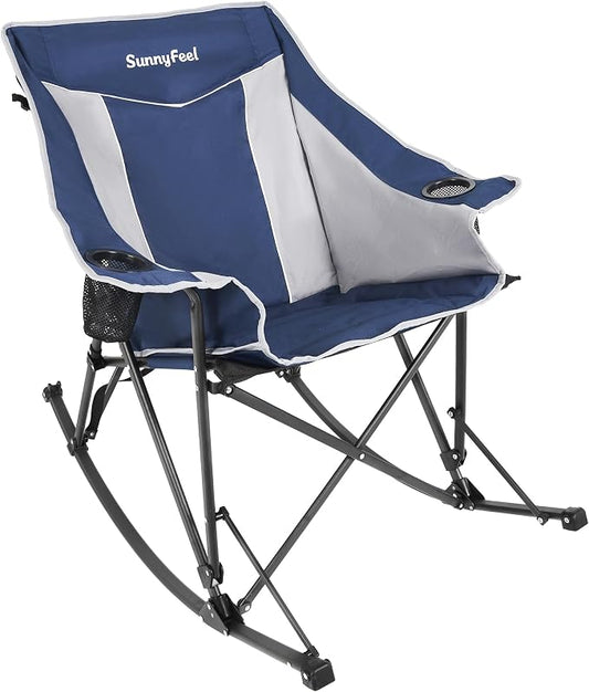 SUNNYFEEL Oversized Folding Rocking Camping Chair Fully Padded Patio Chair Blue Portable Outdoor Rocker High Back Portable Lawn Recliner with Side Pocket Camp Rocker Chairs Heavy Duty 500 LBS