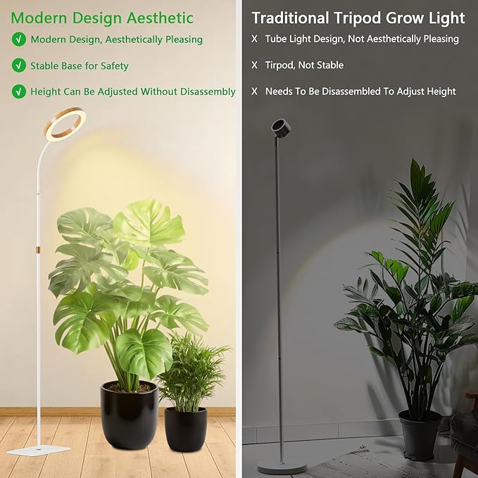 SDOVUERC Full Spectrum Grow Light with Stand for Indoor Plants, Floor Plant Light, 6/12/18H Timer, 3 Color Modes, Adjustable Height 16.5–68in, for Large Plants & Home Décor(Tri-Head,Faux Wood Grain)