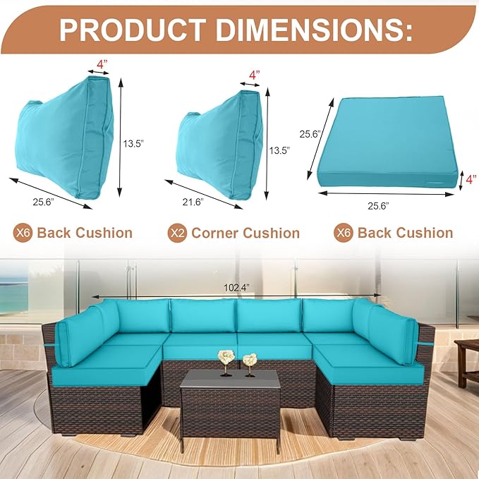 14 Piece Outdoor Furniture Replacement Cushions, Cover+Filling, 25.6" x 25.6" x 4" Foam Waterproof Outdoor Sofa Cushion Sets, Fit Wicker Rattan Sectional Conversation Set, Lake Blue