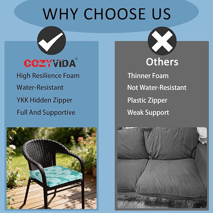 COZYVIDA Outdoor Chair Cushions Set of 4, 20"x20" Square Seat Pads with Tie Straps and YKK Zippers, 30D High-Density Foam, Water-Resistant Fabric,UV-Resistant 1000+ Hrs