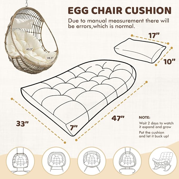 Waterproof Egg Chair Cushion Replacement, 47x33x7 Inches Thicken Outdoor Hanging Chair Cushion with Headrest Pillow, Cushions for Egg Chairs, Cream