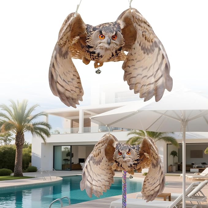 3 Pcs Hanging Fake Owl to Scare Animals Away, Flat Cardboard Fake Owl Keep Pigeon Woodpecker Away, Weatherproof Outdoor Decor for Contryard Patio Backyard Front Porch Balcony Orchard Windows