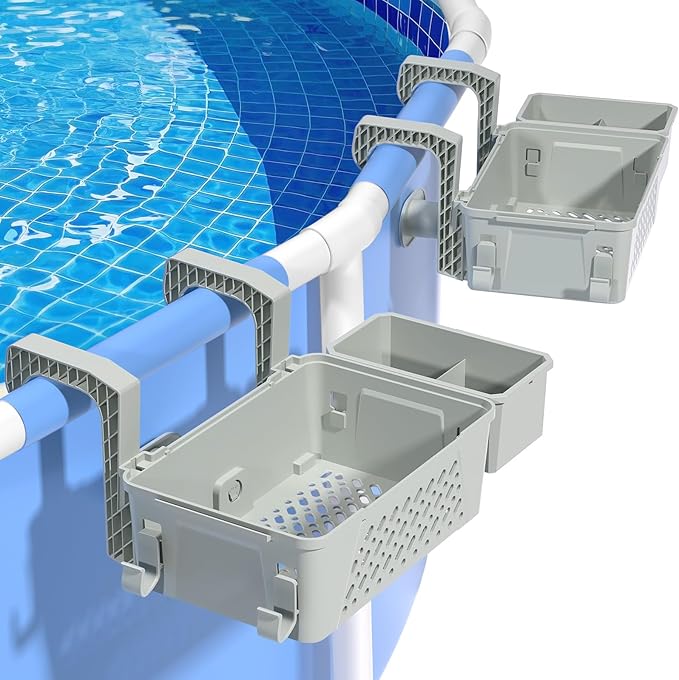【2026 Upgrade】2-Pack Poolside Storage Basket with Cup Holder, Above Ground Pool Accessories, 3-in-1 Swimming Pool Hanging Storage Baskets to Organize Cups & Towels, Fits 3 Inch or Less Top Rail(Grey)