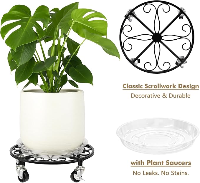 4 Pack Plant Caddy with Wheels 12 Inch Rolling Plant Stand for Large Plants Heavy Duty Plant Rollers Metal Plant Dolly Rustproof Planter Stand Wrought Iron Plant Stands Flower Cart Indoor Outdoor