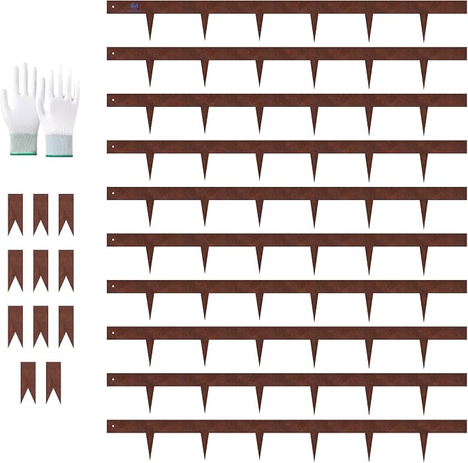 33ft.Metal Edging for Landscaping, Pre-Rust 4.5 inch Cor-Ten Steel Landscape Edging for Yard Pathway & Flower Beds, Steel Lawn Edging with a Pair of Gloves and 11 Stakes (10 Pack, 40" L x 4.5" H)