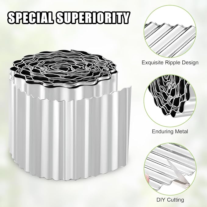 Corrugated Metal Garden Edging - 6 Inch X 10 FT Landscape Edging Border, Flexible Border for Garden Fence, Flower Bed, and Lawn (Silver)
