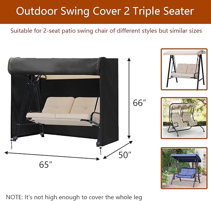 FLYMEI Outdoor Swing Cover 2 Triple Seater Hammock Cover for Porch Swing Canopy Glider Chair and Other Patio Furniture, Waterproof Windproof All Weather Protection, 65'' (L) x 50''(W) x 66''(H)