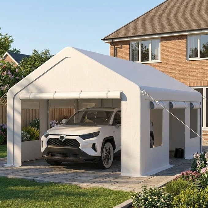 12x20Ft Heavy-Duty Carport, Portable Garage Tent with 2 Roll-Up Doors & 4 Windows, Waterproof & UV-Resistant, All Weather Outdoor Car Port for Pickups, Bass Boats, Tractors, and SUVs, White