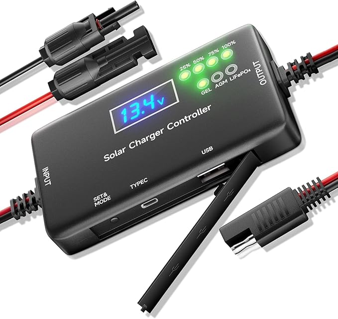 12V 20A PWM Solar Charge Controller with Type-C/USB Output, Compatible with LiFePO4/AGM/Gel Batteries, Zero Drain Tech, Overload & Overheating Protection for Solar Power System