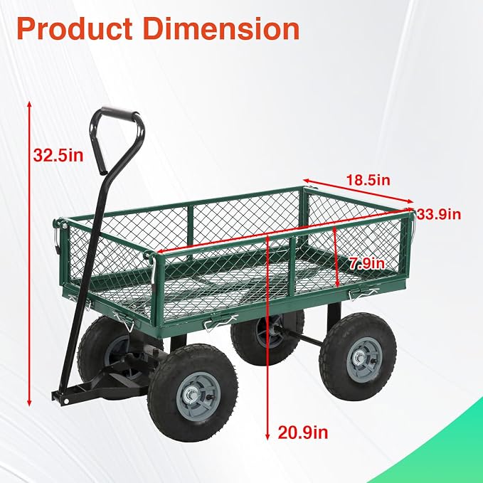 FDW Garden Cart Streel Heavy Duty 500 LBS Capacity，Utility Cart Wagon with Removable Sides and 180°Rotating Handle for Yard, Lawn and Garden Hauler (Dark Green)