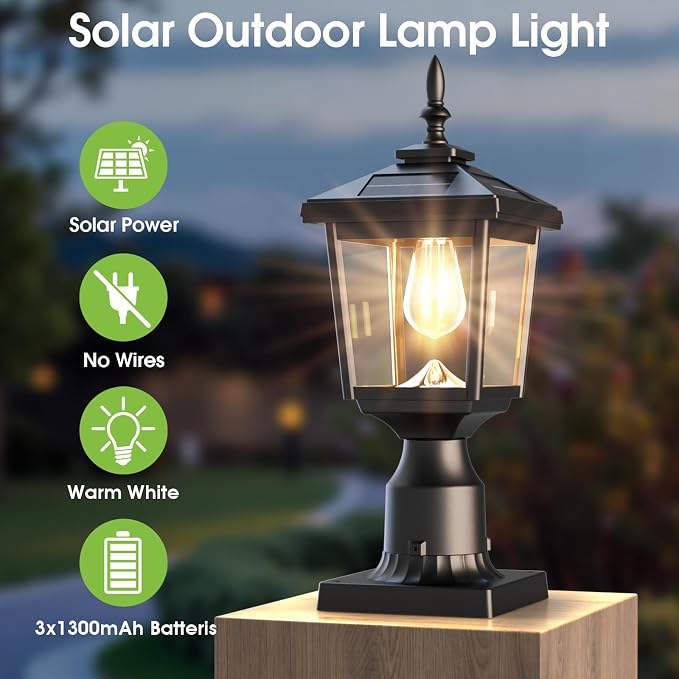 Greluna Solar Post Light with Pier Mount Base, 3000K Dusk to Dawn Lamp, Waterproof Outdoor Garden Yard Landscape Lighting, Decorative Pillar Light