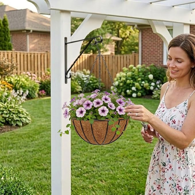 12 Inch Metal Hanging Basket with Coco Coir Liner for Flowers Planting, 6 Pack Hanging Baskets for Plants Outdoor, Round Wire Planters with Chain for Home Patio Porch Balcony Garden Decor