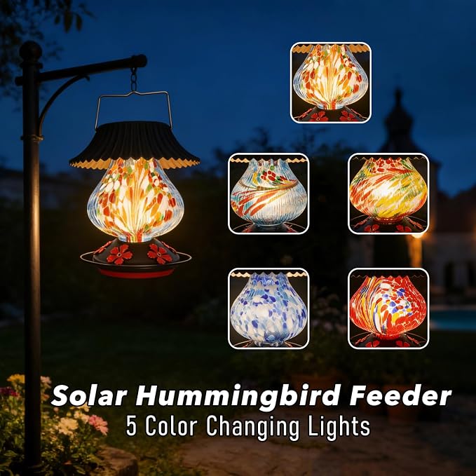 Solar Hummingbird Feeder-5 Feeding Ports with Perch, Hand Blown Glass Blue Spark Color Changing-Never Leak, Multicolor Night Lights – Perfect Hummingbird Feeder for Outdoors for Nature Enthusiasts