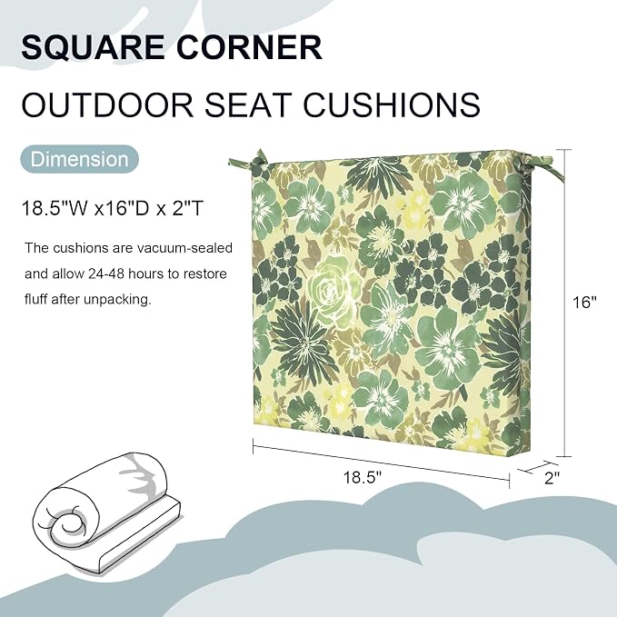 DYTXIII Set of 2 Outdoor Chair Cushions, Water Resistant 18.5"x16"x2" Square Seat Cushion for Patio Dining Chairs, High-Density Replacement Pads for Indoor Outdoor Furniture - Green Rose