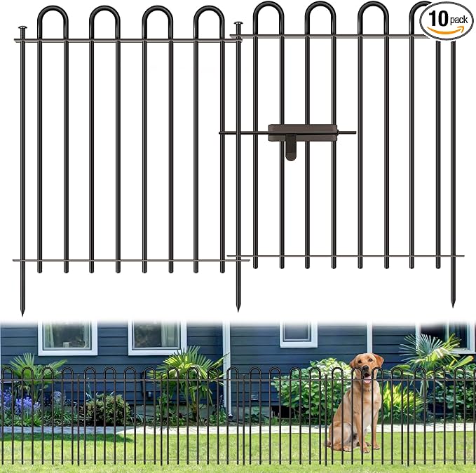 10 Panels Decorative Garden Fence with Gate, 40in(H)×21.6ft(L) Animal Barrier Fence, Metal Round Tube Garden Edging Border, Reusable Ground Defense Temporary Fencing for Outdoor Yard Flower Bed, Black