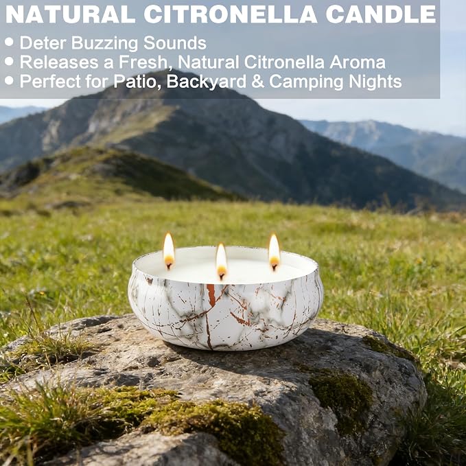 Citronella Candles Outdoor, 3 Pack Large Citronella Candle for Patio, 12oz, 3 Wick Soy Wax Candle, Long Lasting 240 Hours Total for Backyard Camping Deck Garden, Summer Indoor Outside Home Use