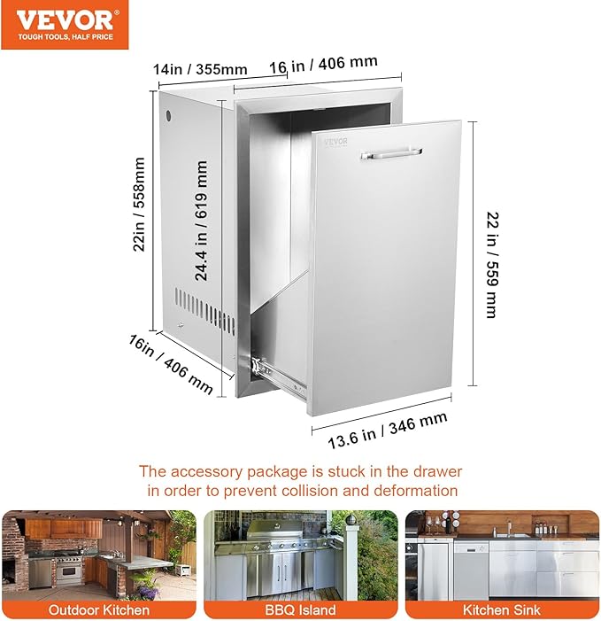 VEVOR Outdoor Kitchen Trash Drawer 16"W x 24.4"H x 16"D Inch, Outdoor Kitchen Propane Tank Drawer, Stainless Steel Pull Out Trash Drawer, with Handle for BBQ Island Trash Bin, Trash Can Pull Out