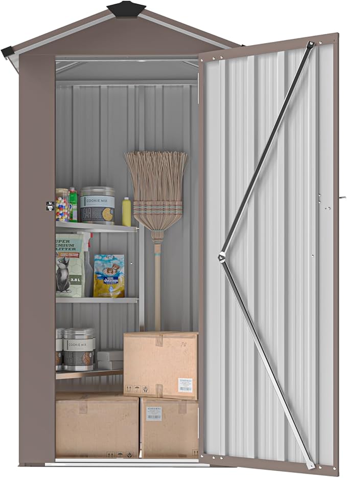 YOPTO 2.5x1.4 FT Outdoor Storage Shed, Tool Shed with Waterproof Roof and Lockable Door,Metal Shed with Adjustable Open Shelves for Backyard Garden Patio Lawn,Brown