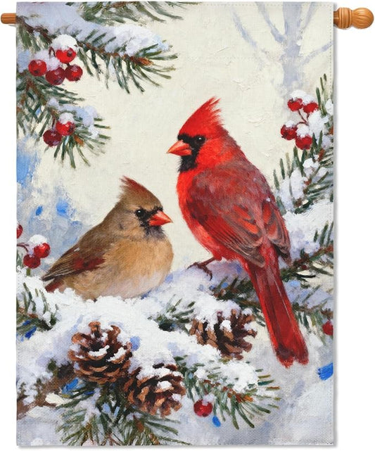 Winter Cardinal House Flag 28x40 Inch Pinecone Holly Christmas Snow Scene Holiday Decorative Garden Flags for Outside Double Sided Seasonal Outdoor Home Farmhouse Decoration Yard Porch Decor