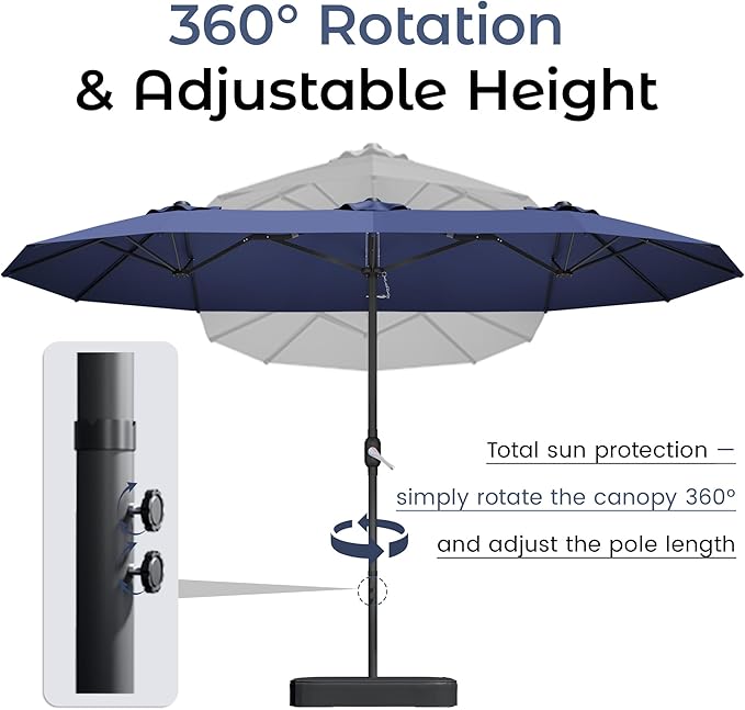 DomeShade 15ft Patio Umbrella with Base,Large Outdoor Double-Sided Rectangle Umbrella with Crank Handle, Market Umbrella for Poolside Garden Deck Backyard Beach Pools, Navy Blue