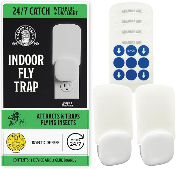 Grandpa Gus’s Indoor Fly Trap Plug-In 2 Pack - UV Light Insect Catcher for Flies, Gnats, Fruit Flies, Mosquitoes, Moths - No Insecticides, Sticky Glue Trap for Kitchen, Garage, w/ 4 Refill Glue Boards