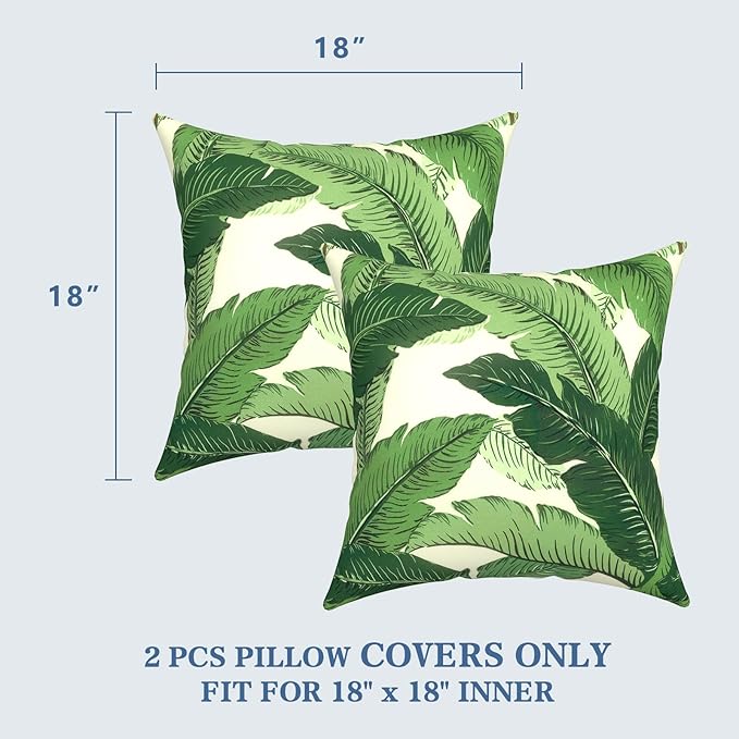 LVTXIII 2 Pack Outdoor Pillow Covers ONLY 18x18 Inch, Water-Repellent Square Decorative Cushion Covers for Patio Furniture, Garden, Sofa, Swaying Palms Green