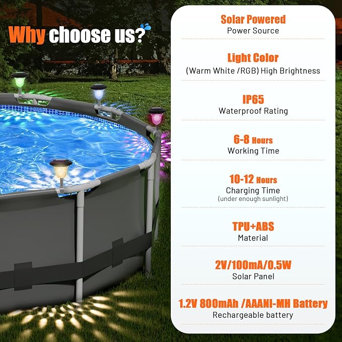 BITIWEND Solar Pool Lights for Framed Above Ground Pools, 4 Pack RGB Lights Waterproof Swimming Pool Accessories Lights, for Outdoor Pool Yard Garden Decoration Night Light