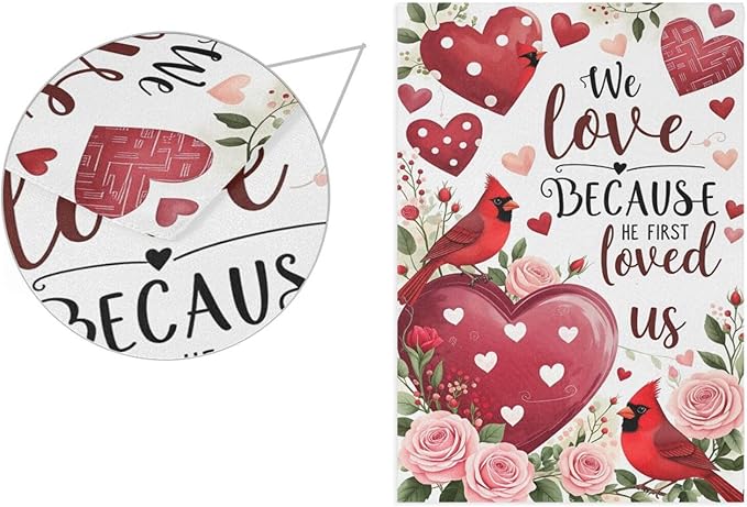 Pfrewn Valentine House Flag 28 x 40 Double Sided, Red Rose Floral Cardinal Garden Yard Flags Welcome Spring Outdoor Indoor Banner for Wedding Party Home Decorations