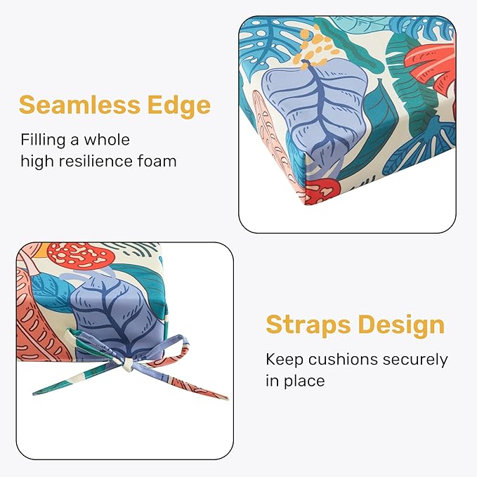 UNIKOME Outdoor Chair Cushions Pack of 4, Water Resistant Patio Cushions with Ties, High Density Sponge Filling Square Corner Seat Cushions for Outdoor Furniture, 18.5"*16"*3", Palm Tropical