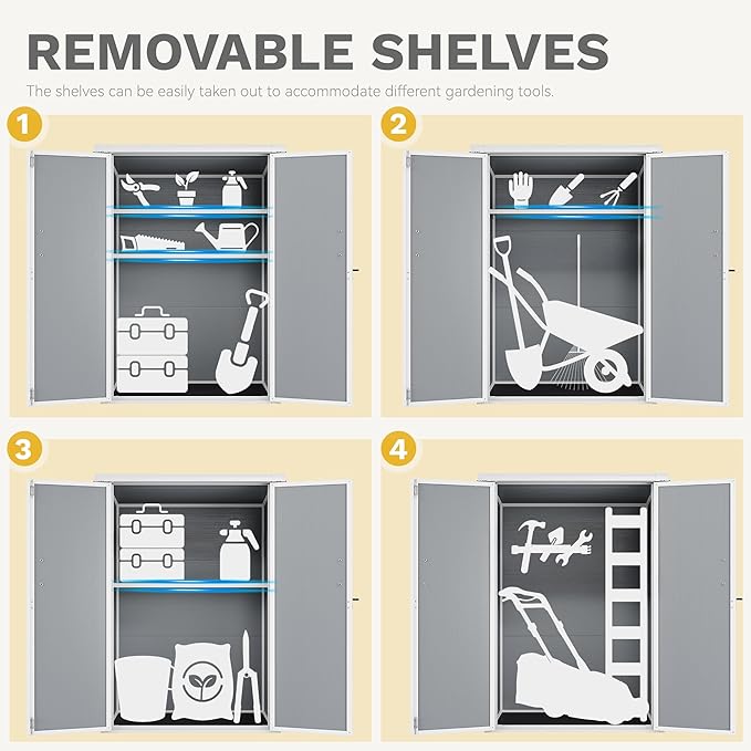 DWVO 4.3x2x5.5ft Outdoor Vertical Storage Shed with 2 Shelves, 50 Cu Ft Waterproof Resin Garden Shed with Lockable Door, Plastic Tall Tool Cabinet for Garbage Cans, Lawn Garden Supplies (Gray)