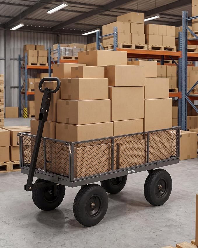 Garvee Versatile Outdoor Utility Cart-1000LBS Heavy-Duty, 13" All-Terrain Pneumatic Tires, Vehicle-Connectable, Easy Maneuverable Lawn Cart with Removable Mesh Panels for Gardening & Landscaping,Grey