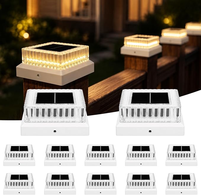 Solar Post Cap Lights Outdoor, 12 Pack Waterproof Fence Post Solar Lights 3000K with Fade-Proof Clear Lampshade Deck Post Lights Fit for 3x3 4x4 5x5 Vinyl/Wood Posts Garden Patio Porch