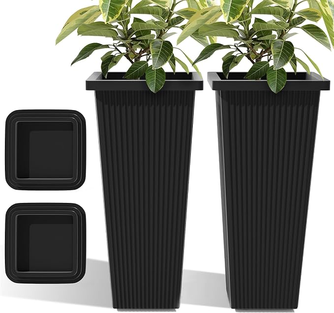 24in Tall Planters Set of 2 with Saucers, Black Stripe | Built-in drainage system, Durable composite plastic, Fade-resistant design, Weather Resistant, Patio & porch decor