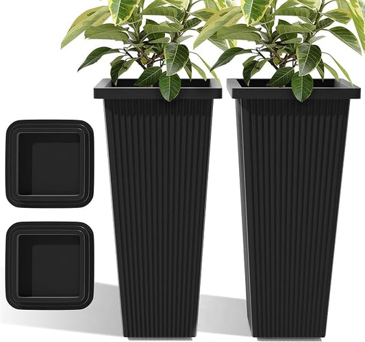 24in Tall Planters Set of 2 with Saucers, Black Stripe | Built-in drainage system, Durable composite plastic, Fade-resistant design, Weather Resistant, Patio & porch decor
